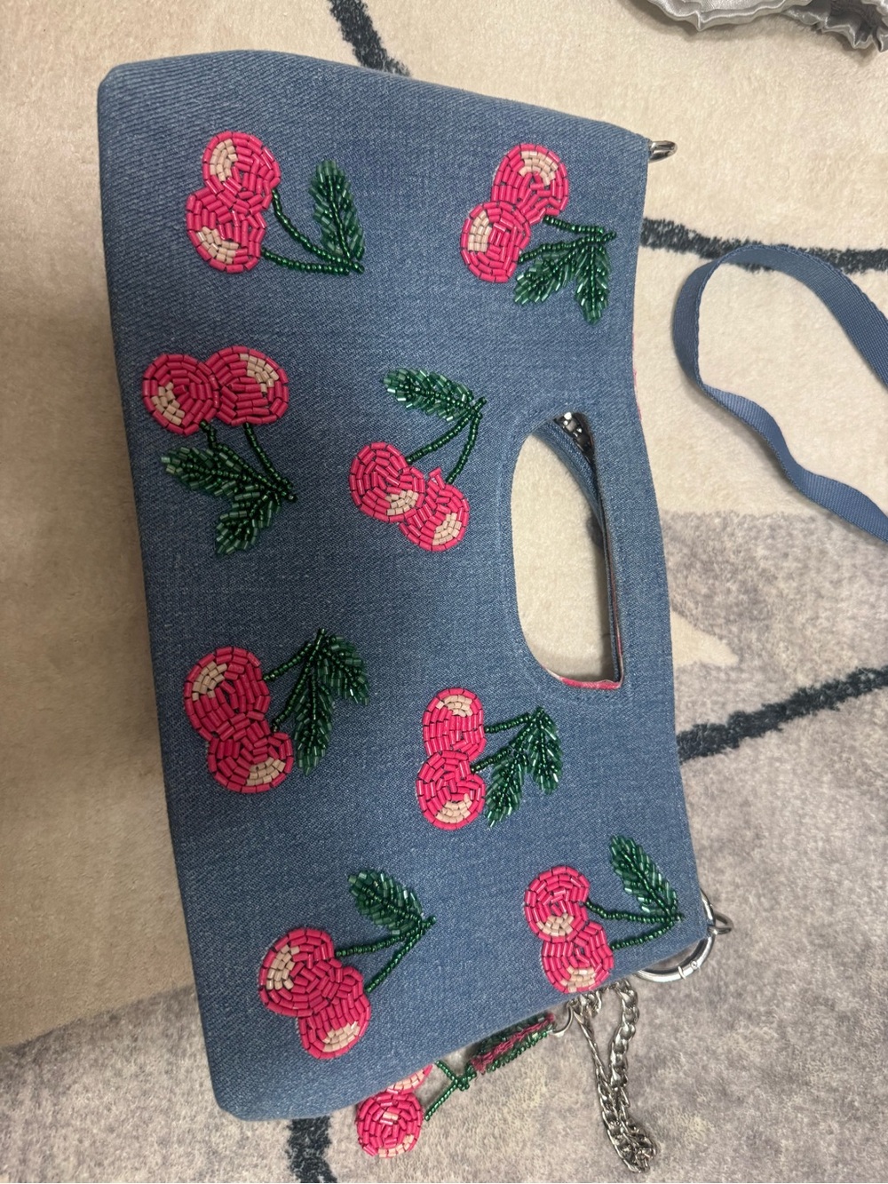Embroidered Cherry Denim Clutch Bag - Blue